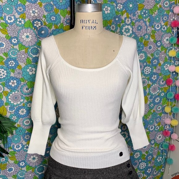 BSB Jeans White Ribbed Scoop Neck 3/4 Length Sleeve Top Size:S - Picture 3 of 11